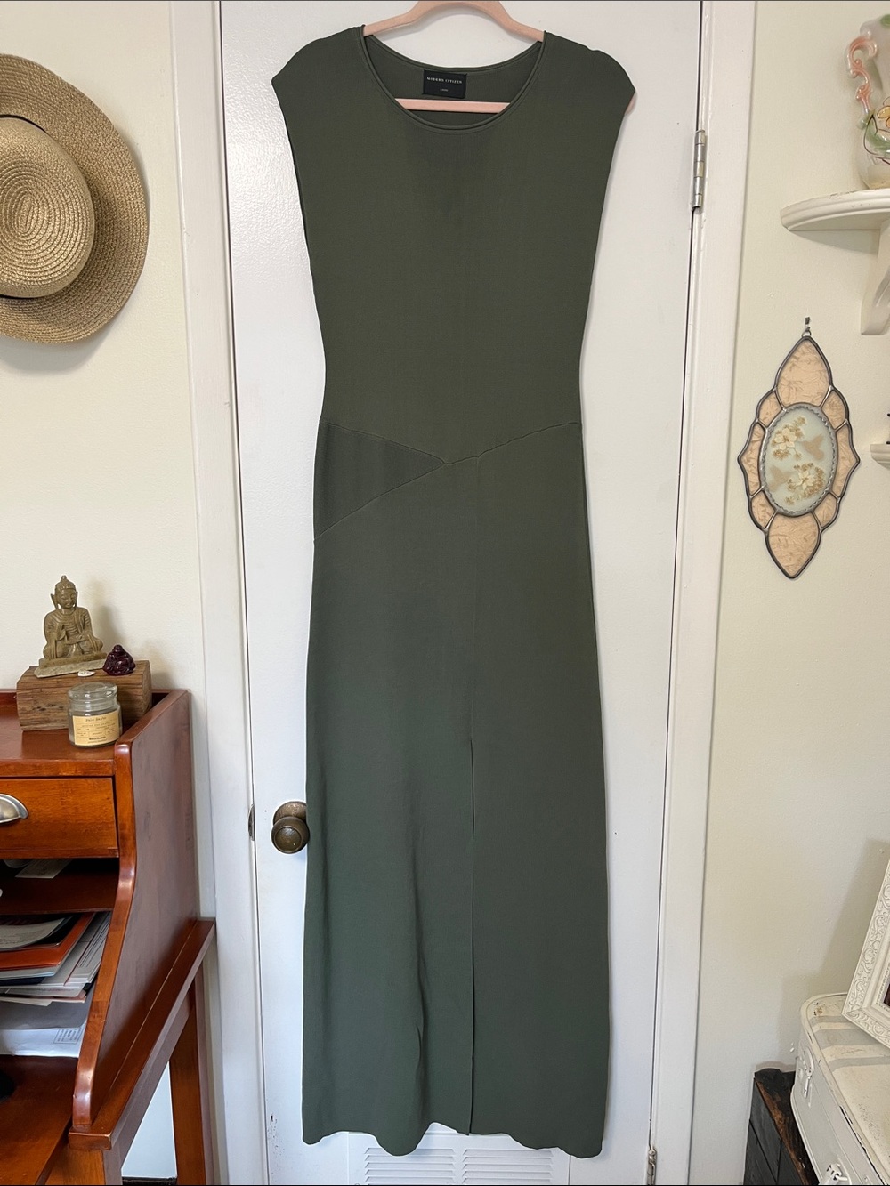 Modern Citizen Knit Midi Length Dress Sz Large Green Sleeveless Slit Stretch